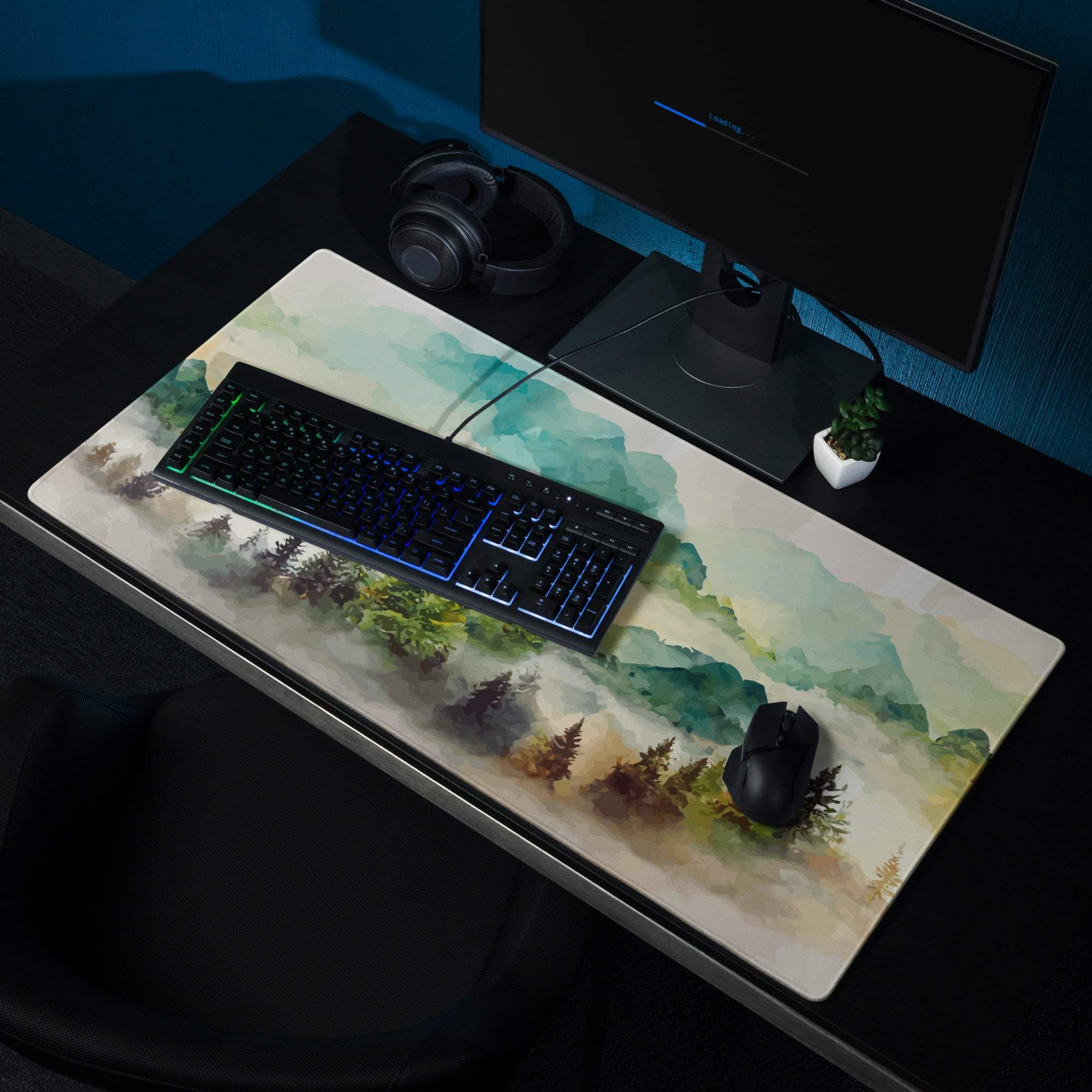 Watercolor mountain landscape pastel mist gaming mouse pad with forest design