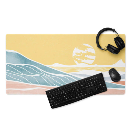 Sunset ocean waves minimalist desk mat in teal peach yellow non-slip gaming mouse pad