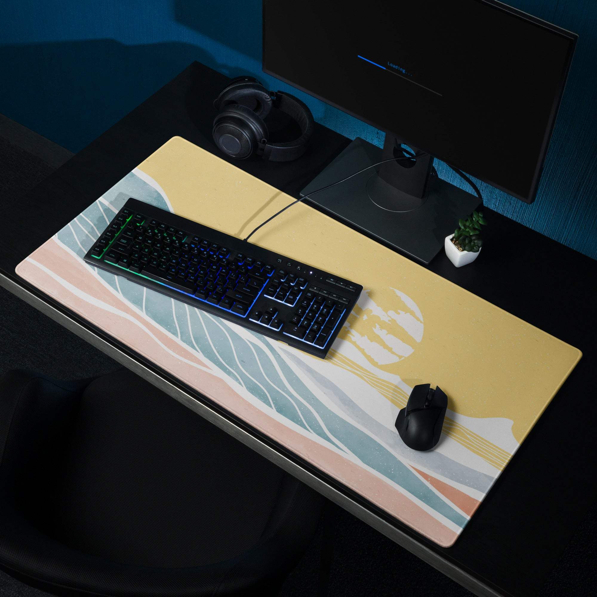 Sunset Ocean Waves large non-slip gaming mouse pad in pastel wave design