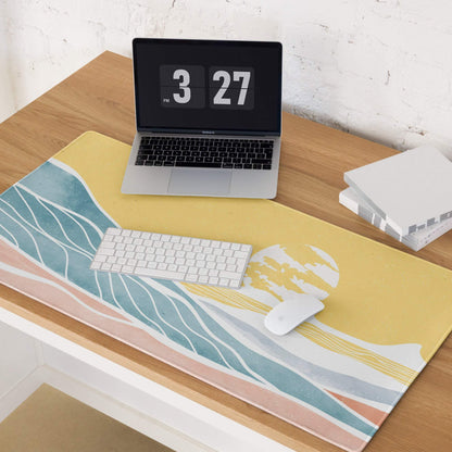 Yellow teal wave desk mat with pastel accents, Sunset Ocean Waves gaming mouse pad