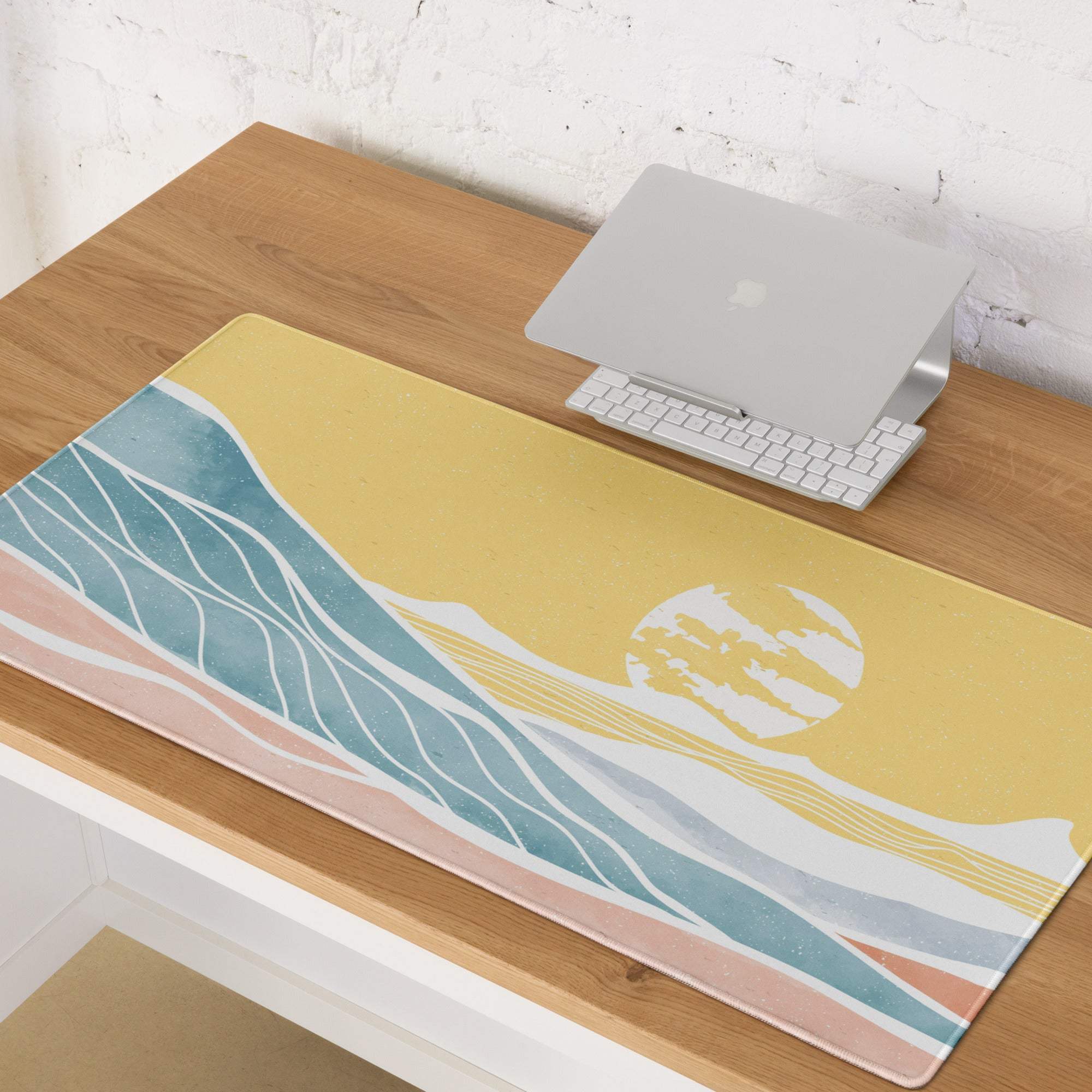 Sunset Ocean Waves large non-slip gaming mouse pad with teal peach waves on yellow