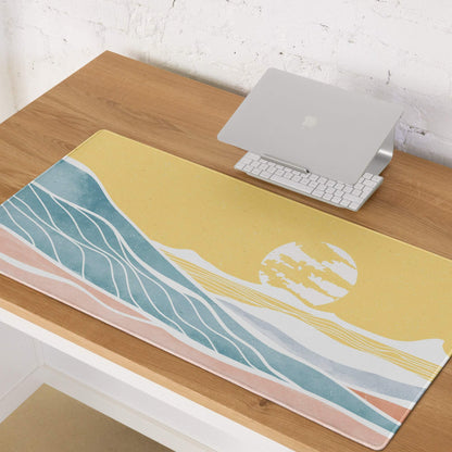 Sunset Ocean Waves large non-slip gaming mouse pad with teal peach waves on yellow
