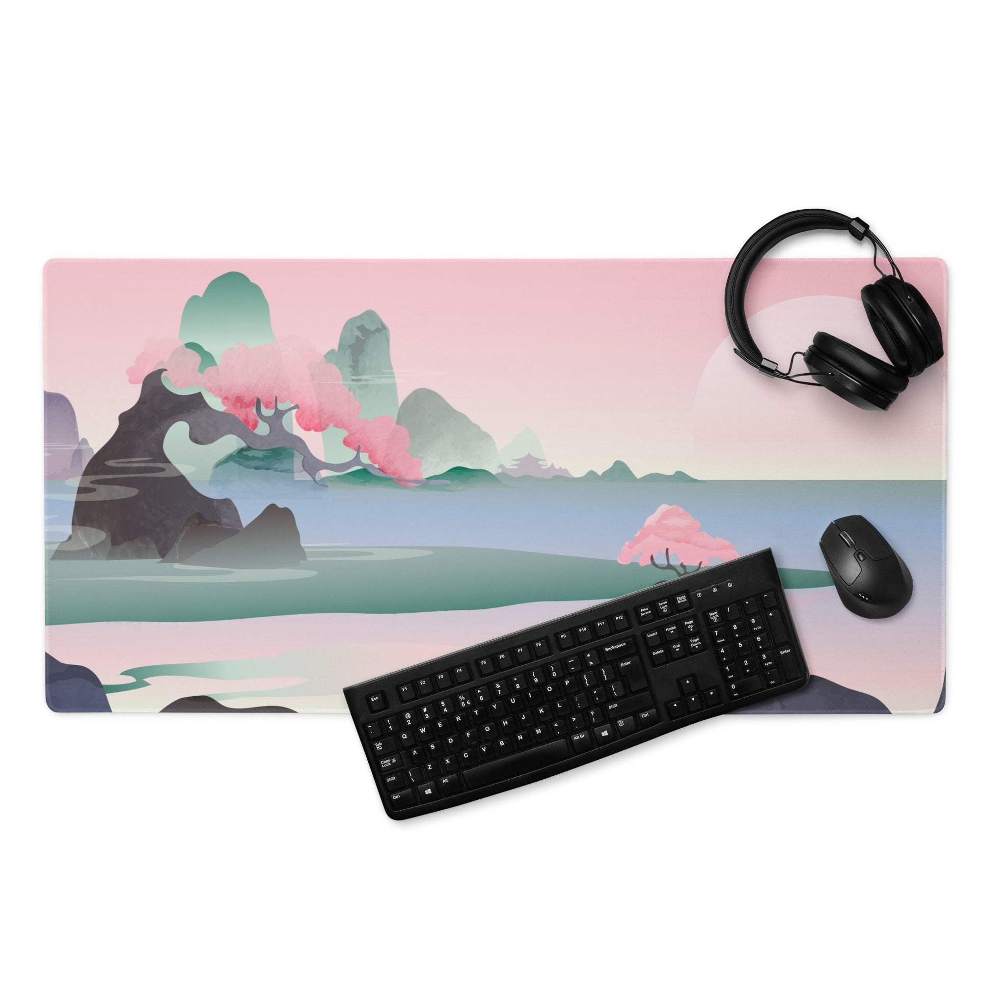 Pastel landscape gaming mouse pad with pink teal mountains blossoms non-slip base