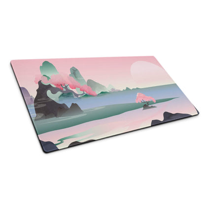 Pastel pink sunset landscape gaming mouse pad with serene mountains and non-slip base