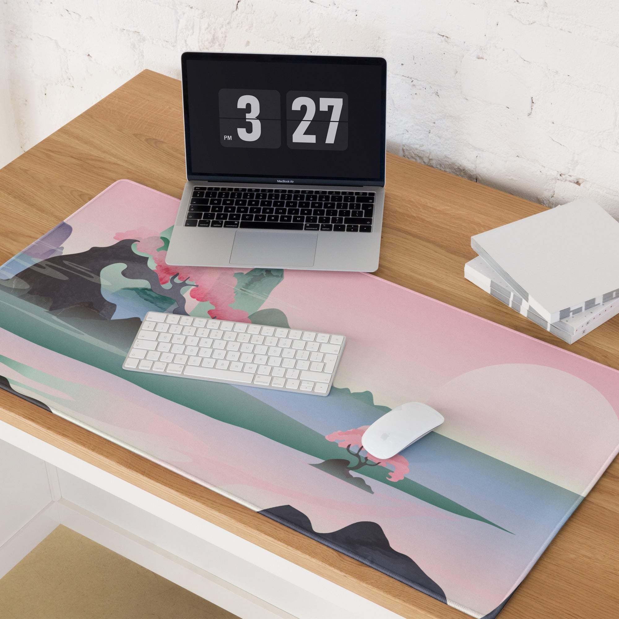 Pastel pink teal mountain landscape gaming mousepad soft surface non-slip base