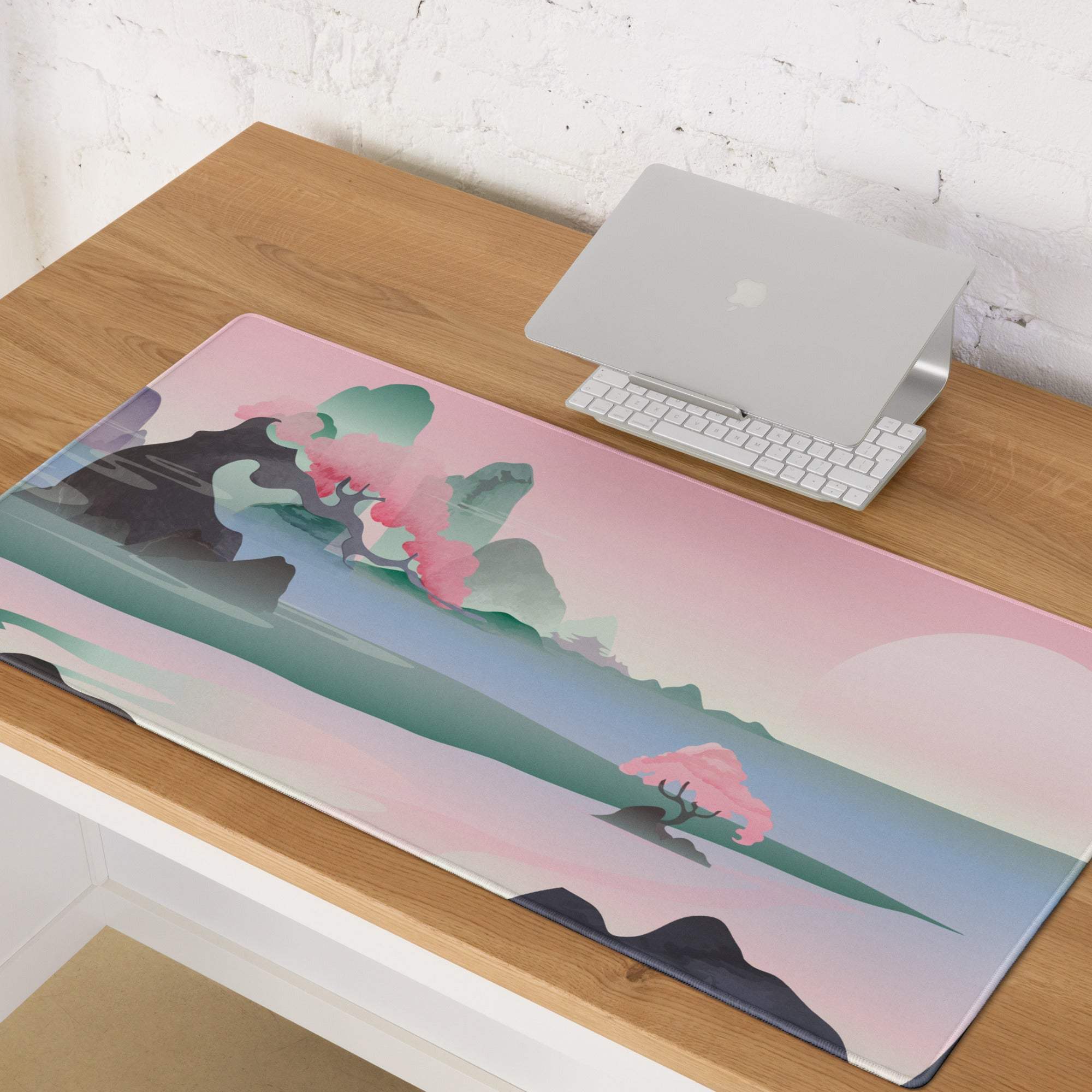 Pastel pink teal landscape mousepad with mountains blossoms sunset gradient sky