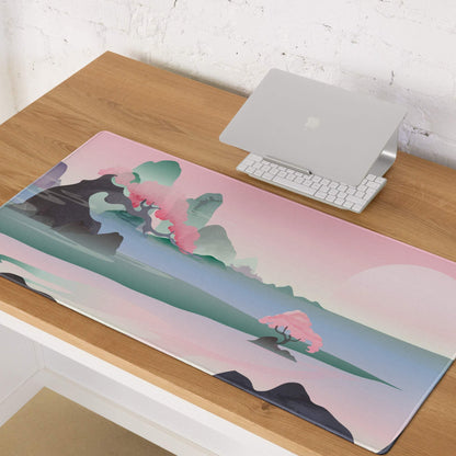 Pastel pink teal landscape mousepad with mountains blossoms sunset gradient sky