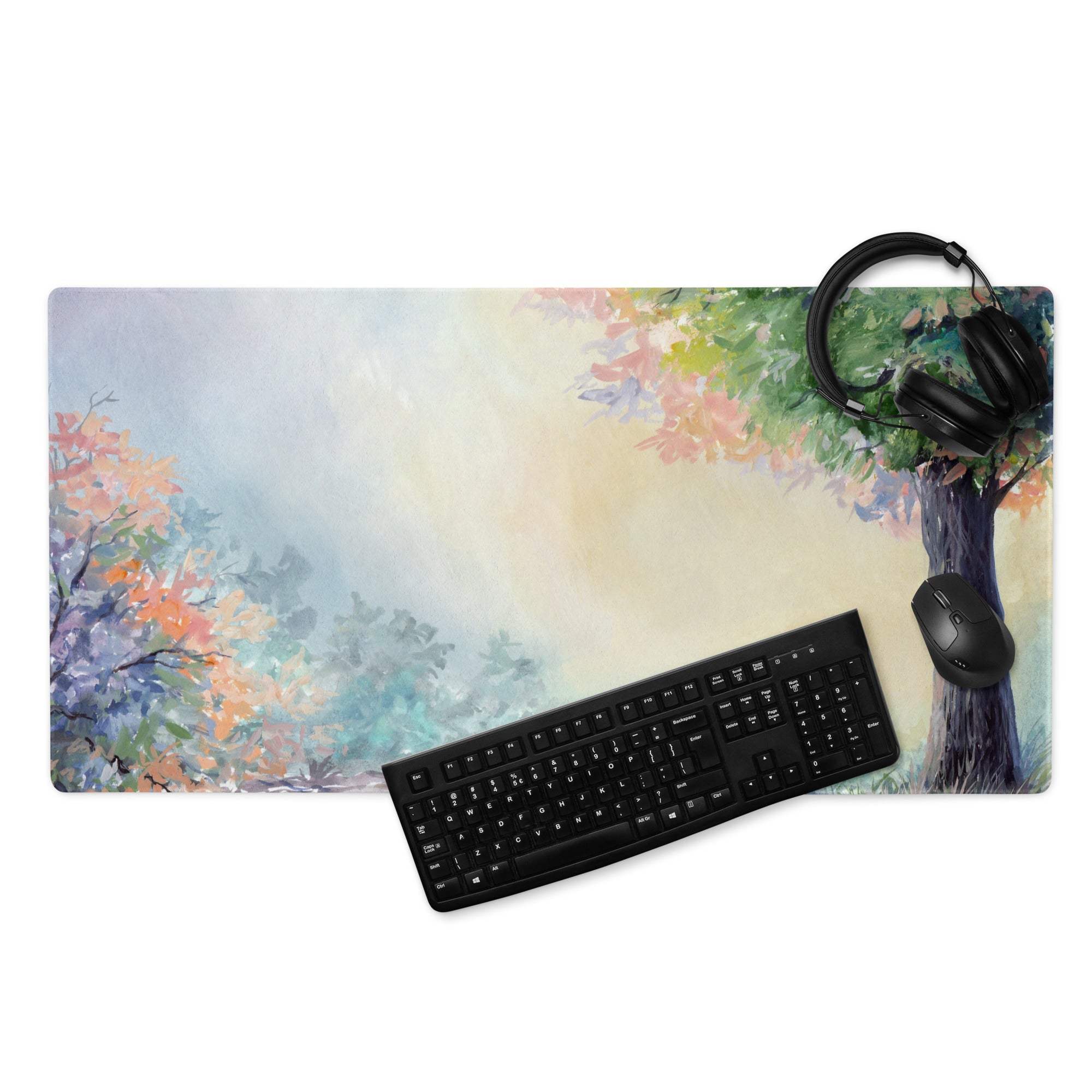 Watercolor forest tree gaming mouse pad in pastel green orange blue hues