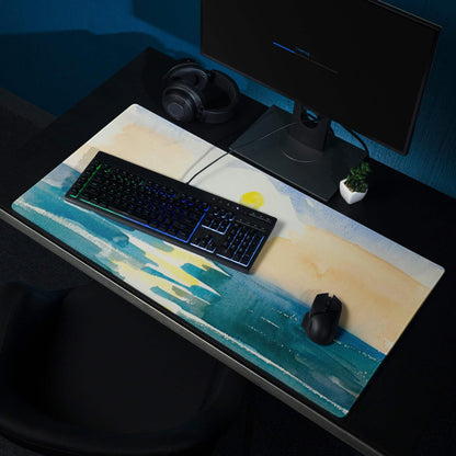 Beige teal watercolor seascape mousepad with rising sun over waves
