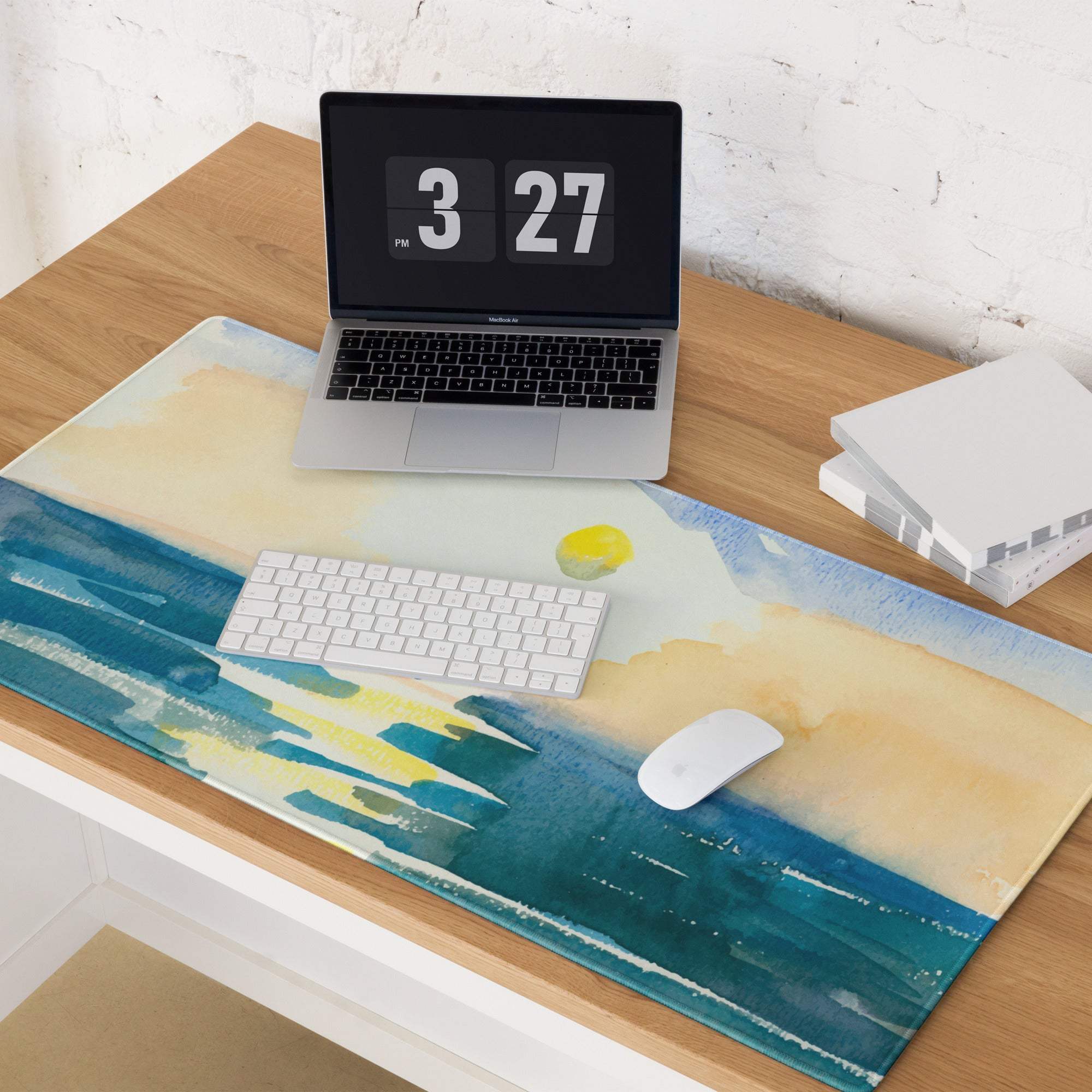 Watercolor seascape beach mousepad in calm blues with waves and sand