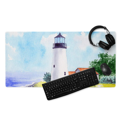 Watercolor lighthouse seascape gaming mouse pad with ocean blue tones