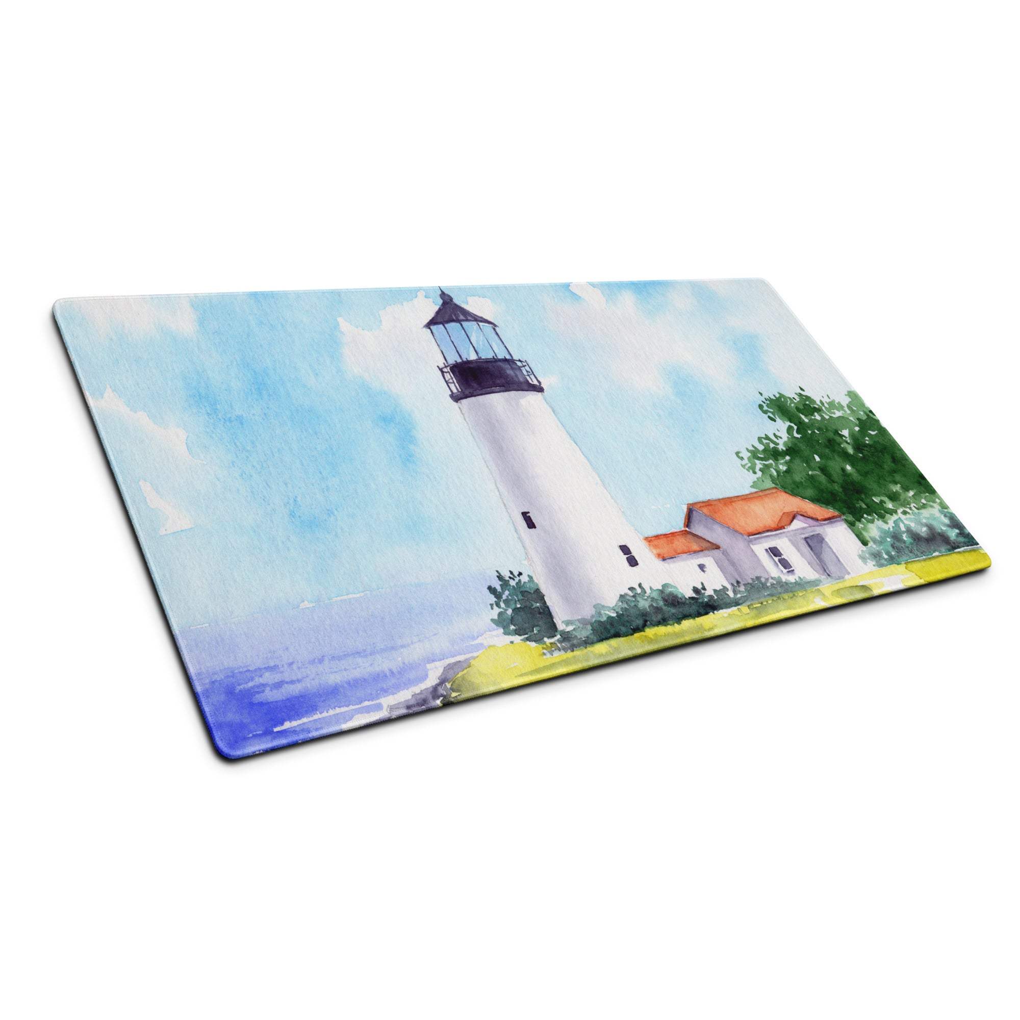 Watercolor lighthouse glass cutting board with orange roof blue ocean sky