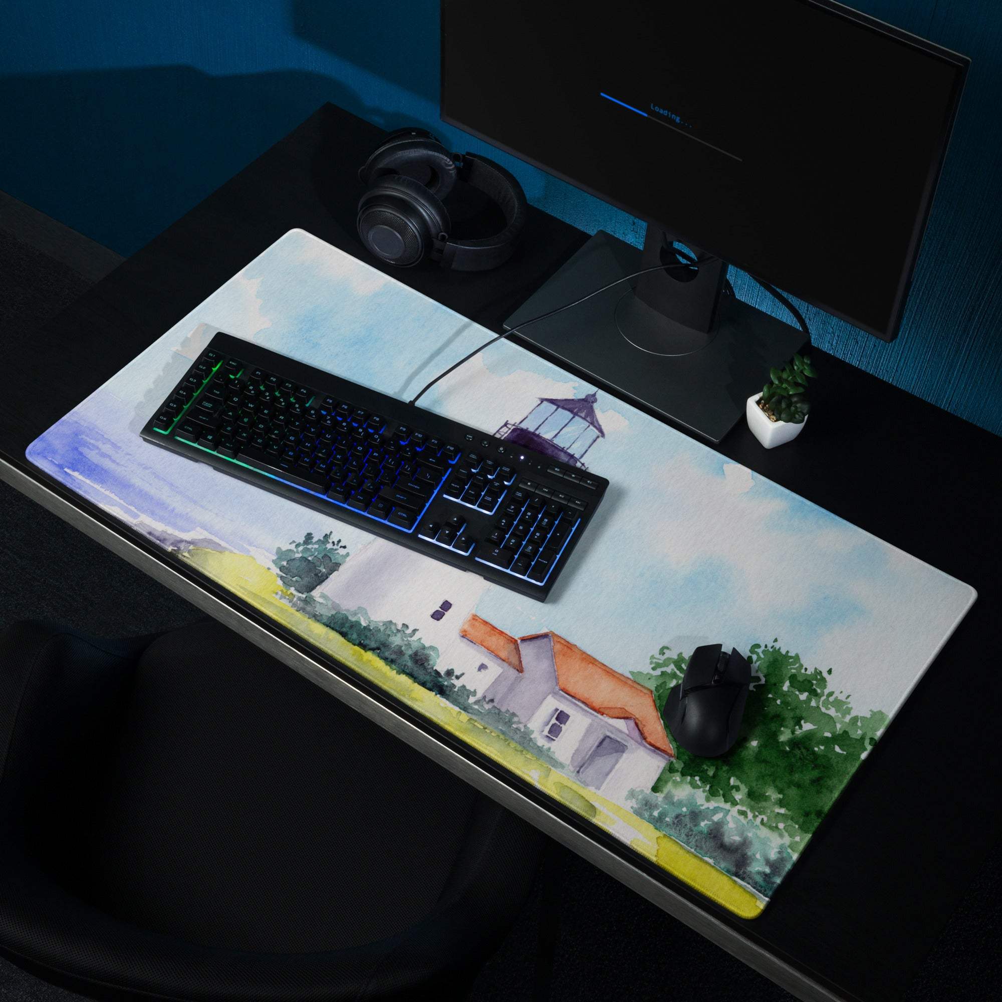 Watercolor lighthouse seascape gaming mouse pad with ocean blue tones