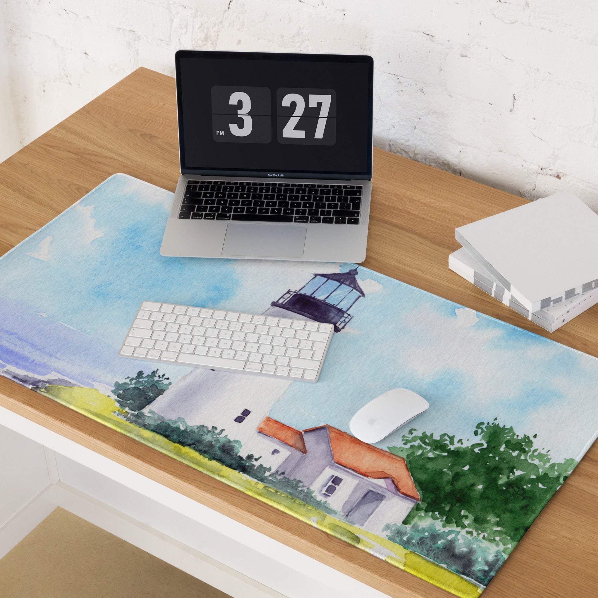 Watercolor lighthouse seascape mouse pad with ocean blue tones