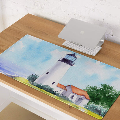 Watercolor lighthouse seascape gaming mouse pad with ocean blue tones