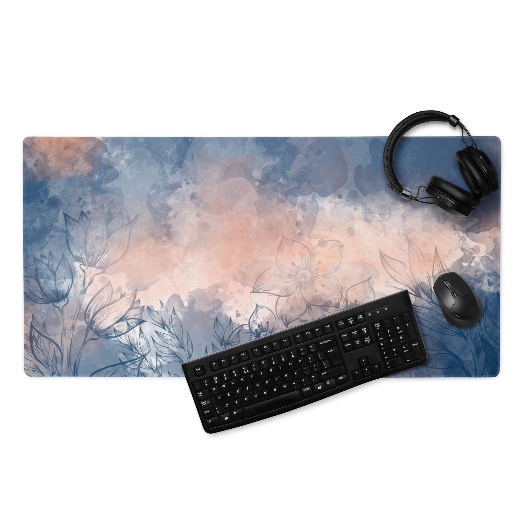 Floral abstract blue peach dream large gaming mouse pad with watercolor design