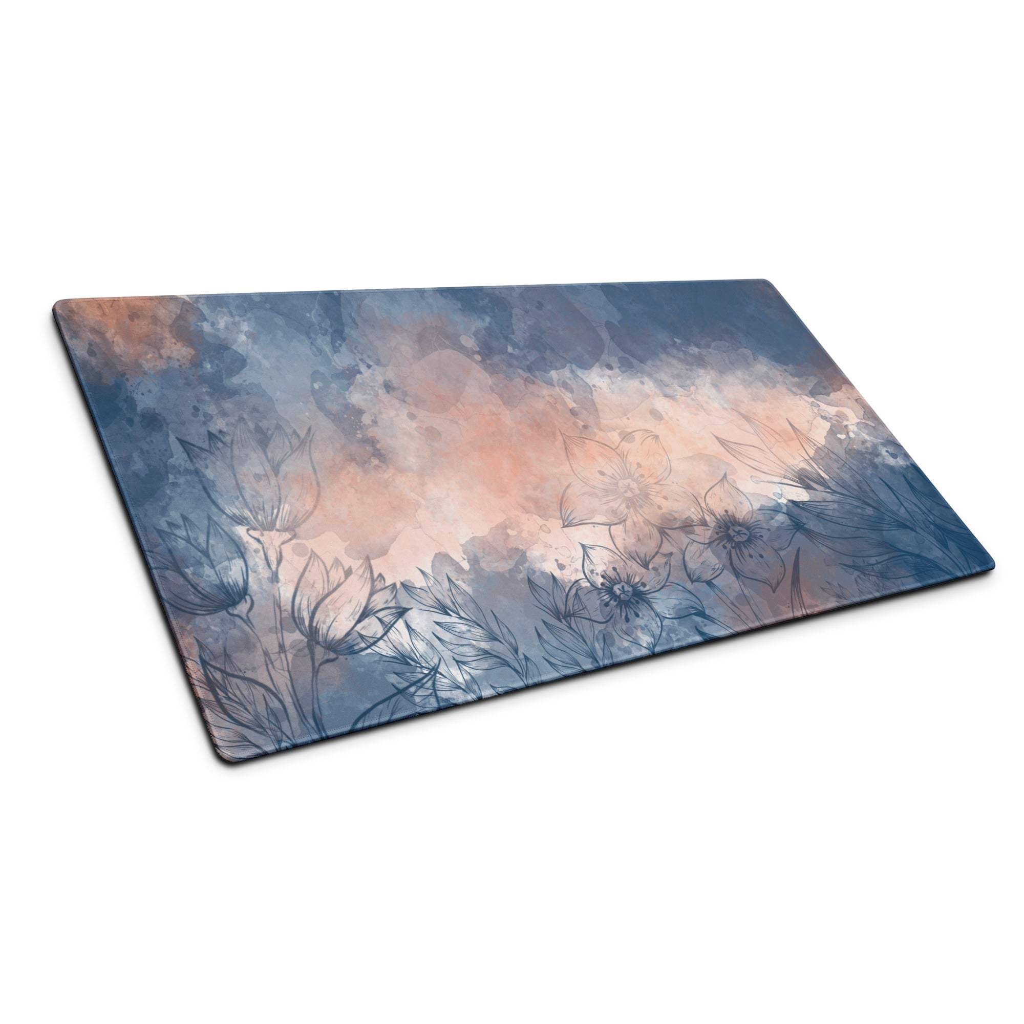 Floral watercolor blue peach glass cutting board with non-slip backing