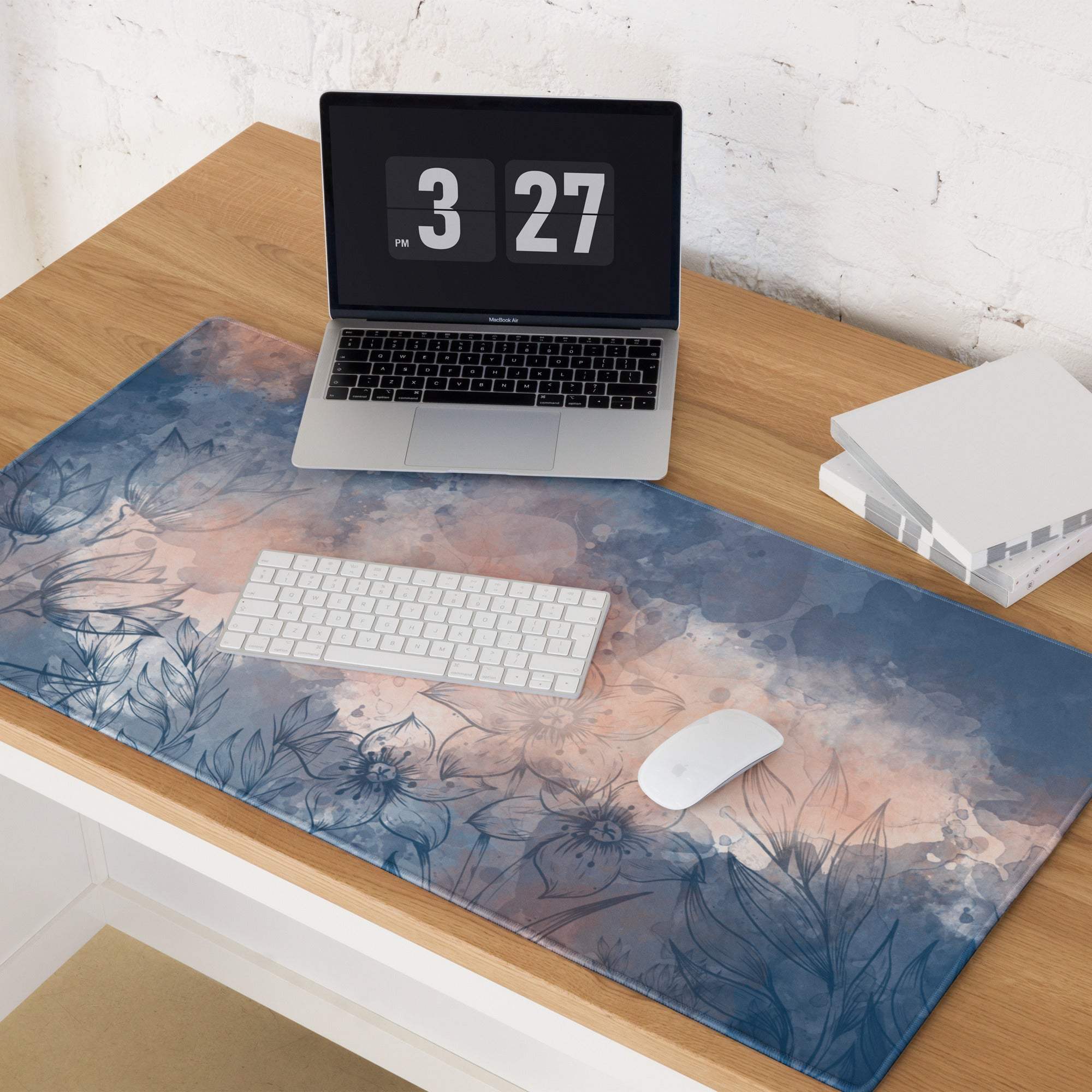 Blue pink watercolor floral large gaming mouse pad non-slip backing