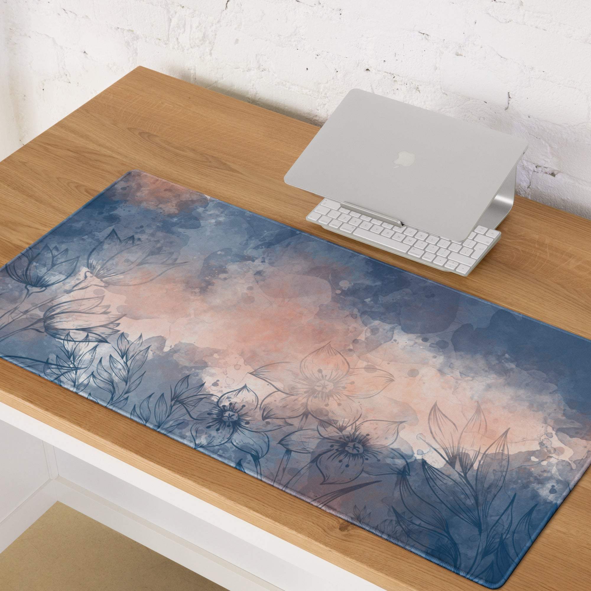 Floral abstract blue peach dream large gaming mouse pad with watercolor gradient and non-slip backing