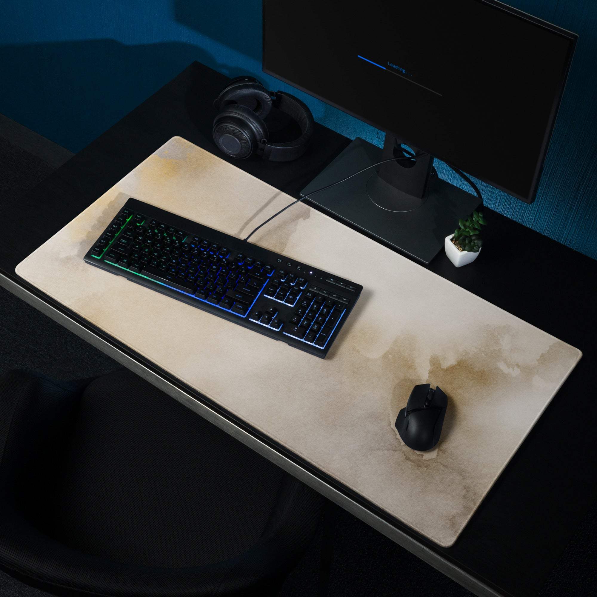 Beige marble watercolor gaming mouse pad with non-slip base