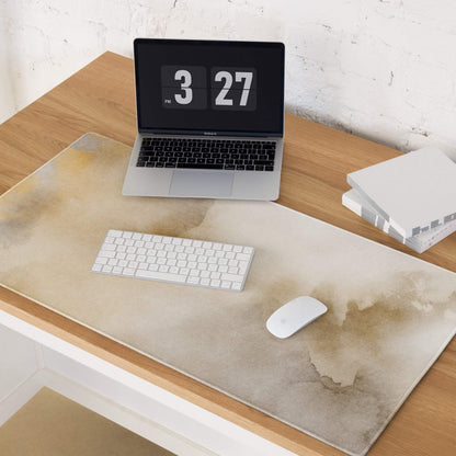 Beige watercolor desk mat with textured surface, non-slip base, large gaming mouse pad