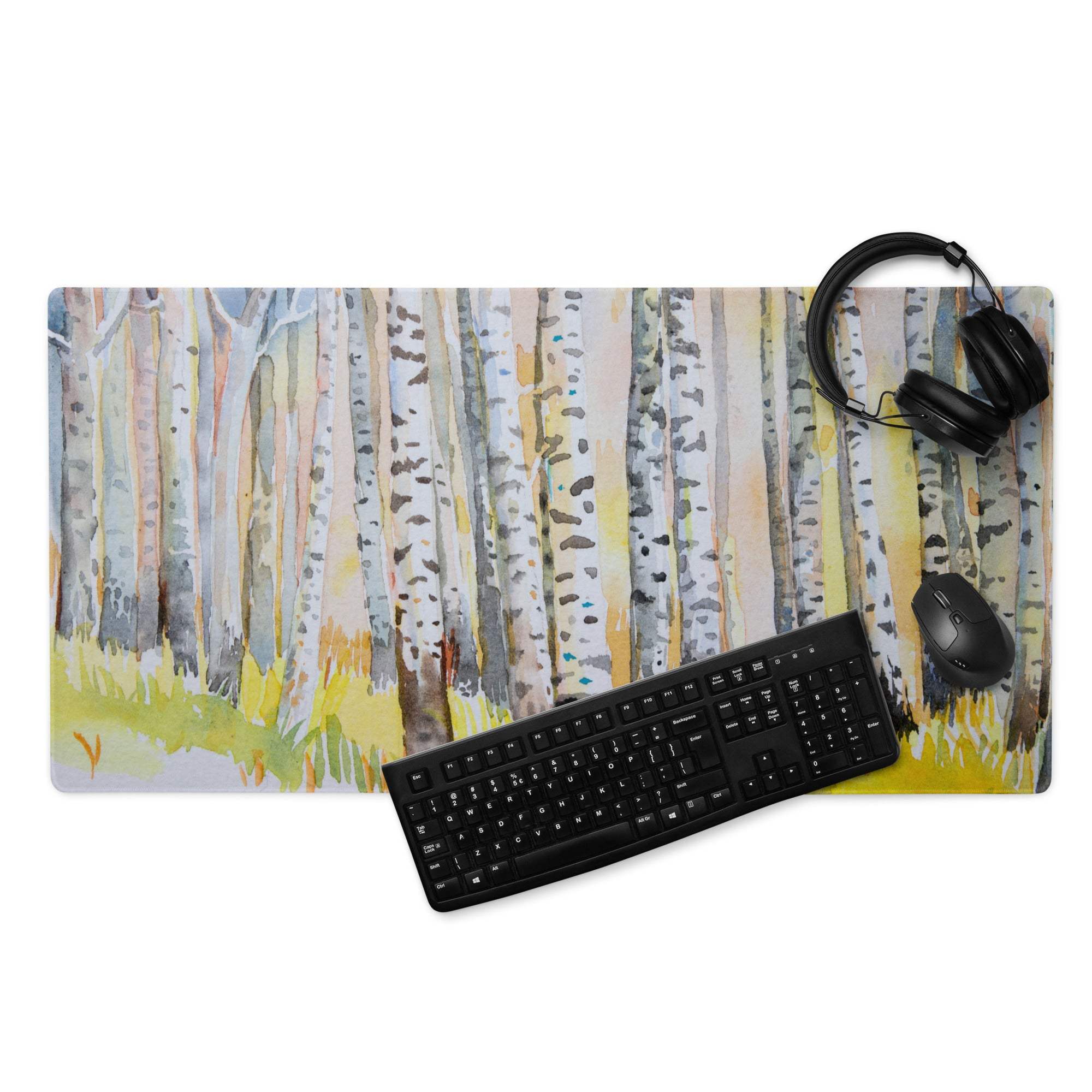 Watercolor birch forest pastel gaming mouse pad with non-slip surface