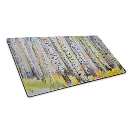 Watercolor birch forest glass cutting board with non-slip edge stitching