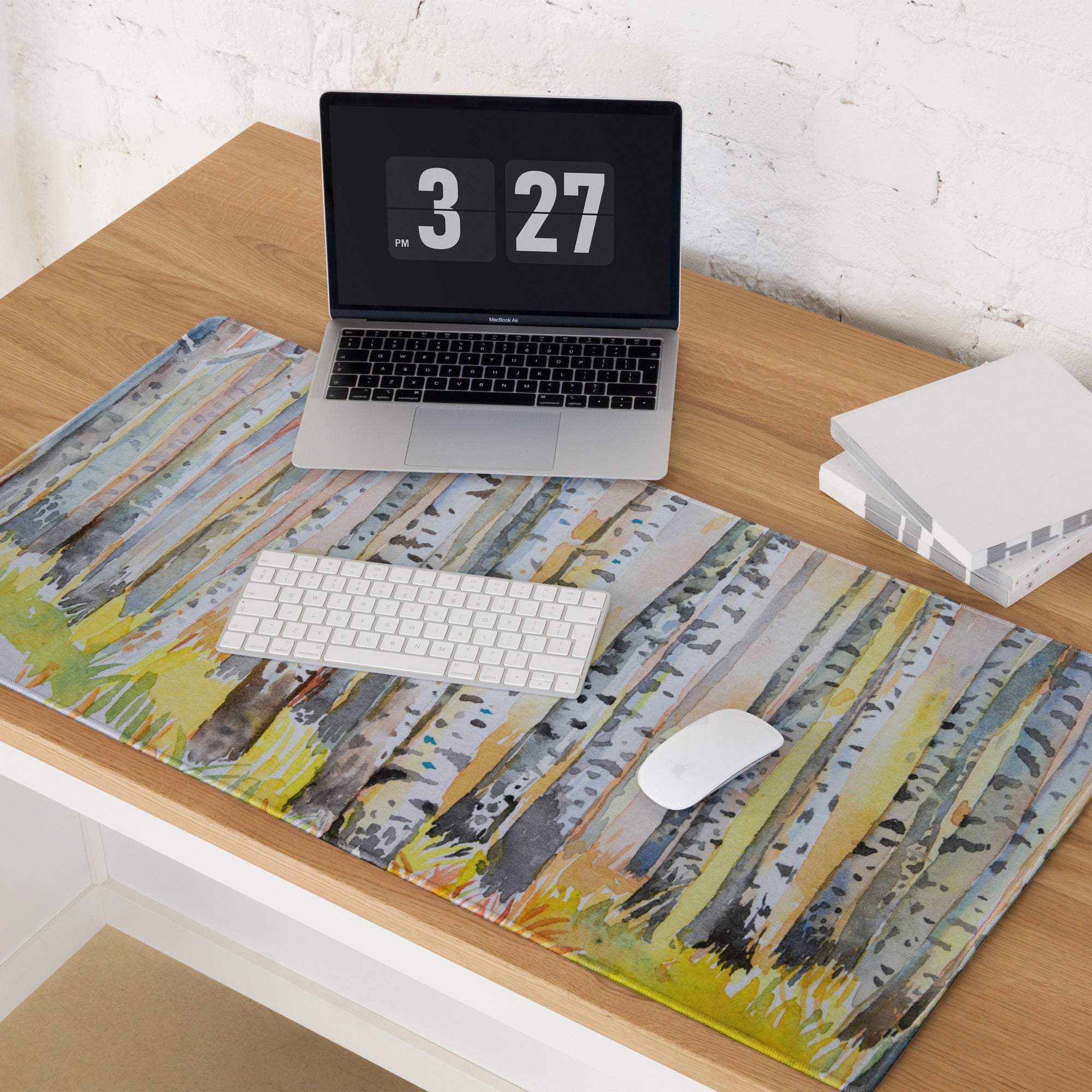 Watercolor birch forest pastel gaming mouse pad with non-slip surface
