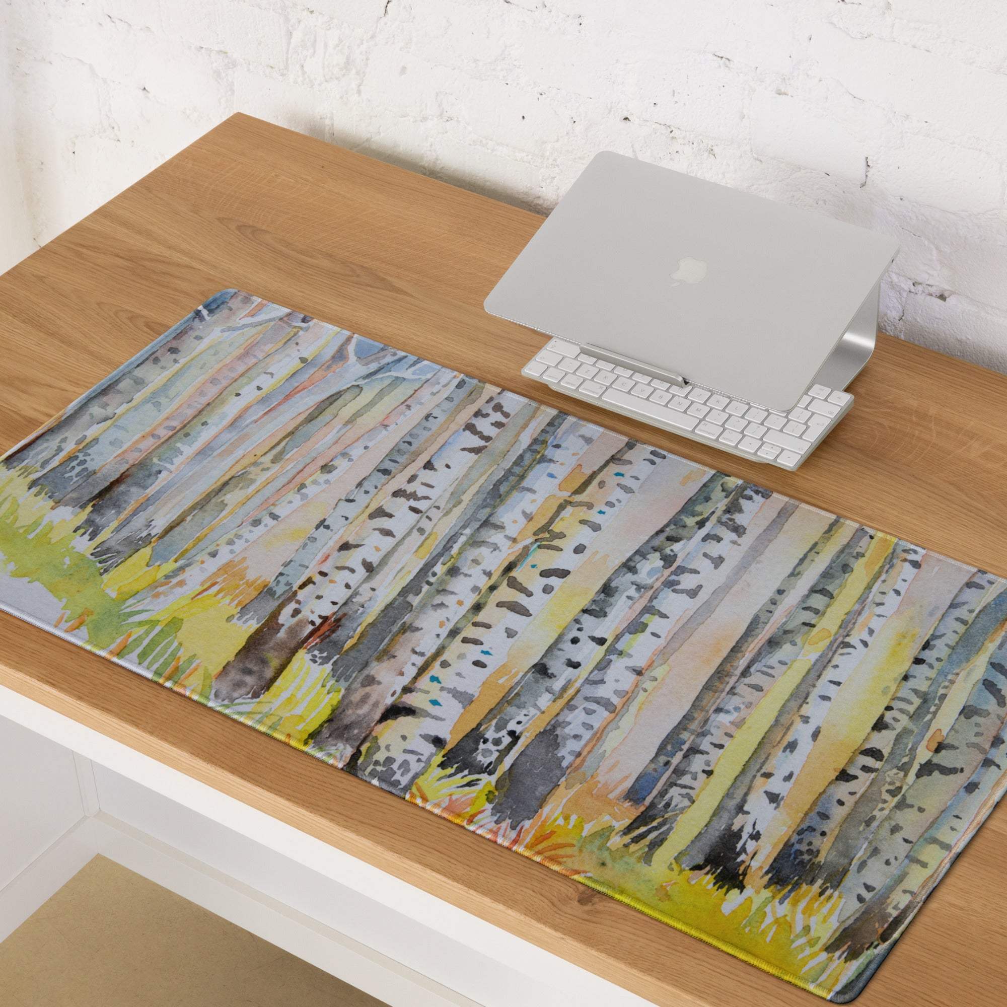 Watercolor birch forest pastel gaming mouse pad with non-slip surface