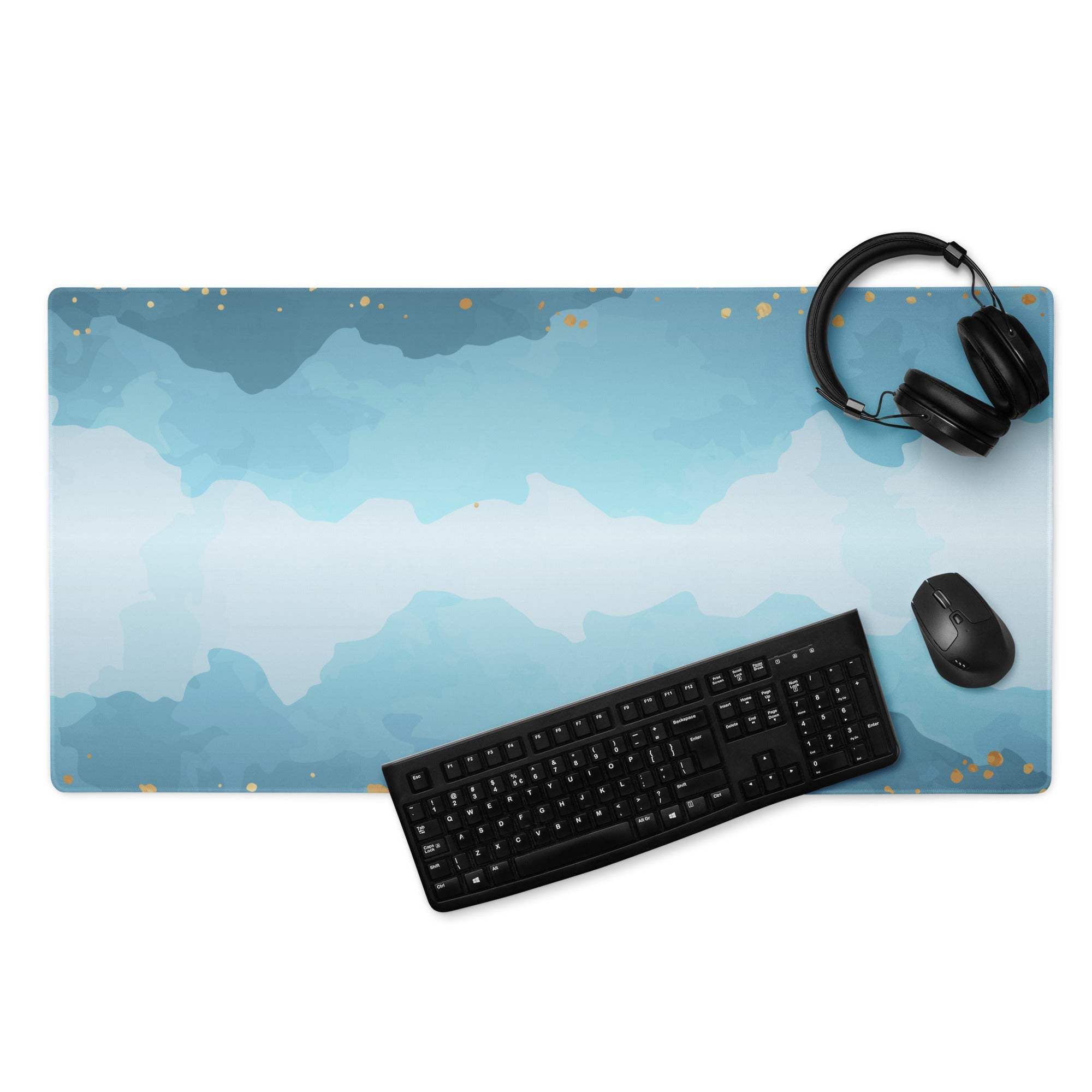Blue white watercolor mountain mousepad with gold speckles, non-slip base