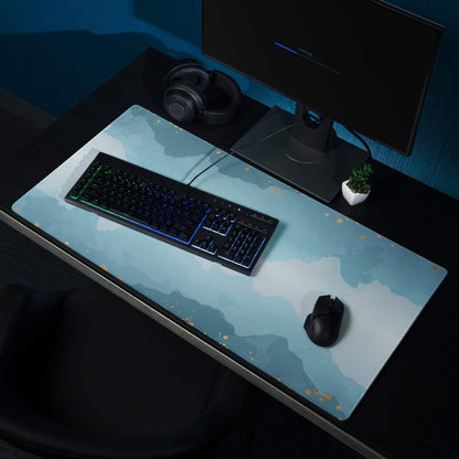 Abstract calm oceanic blue gradient large gaming mouse pad with clouds and specks under keyboard and mouse