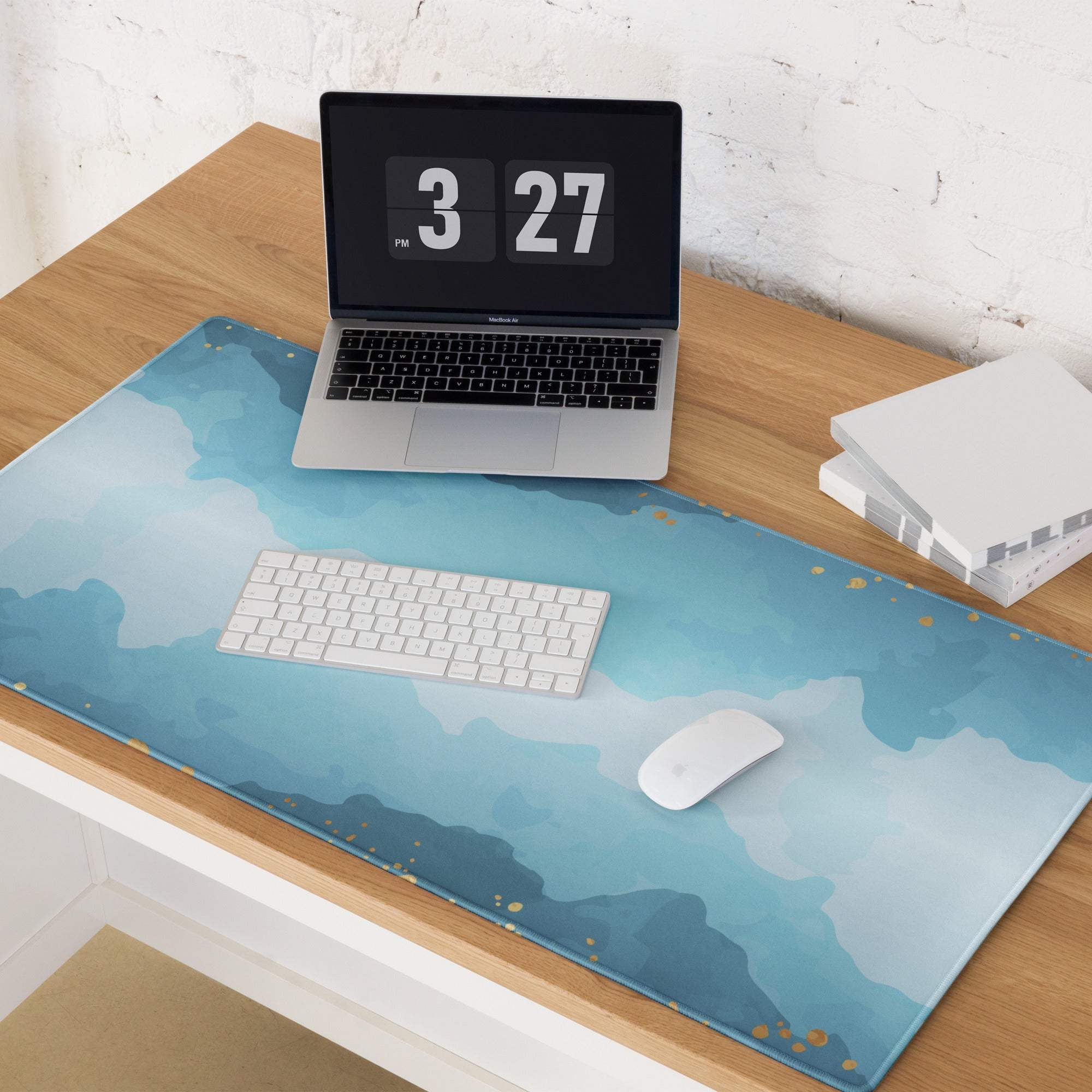 Blue watercolor desk mat with gold speckles, oceanic gradient gaming mouse pad