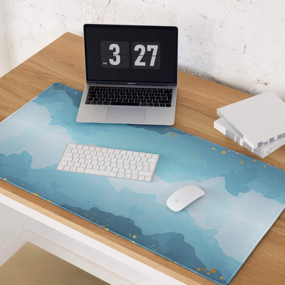 Blue watercolor desk mat with gold speckles, oceanic gradient gaming mouse pad