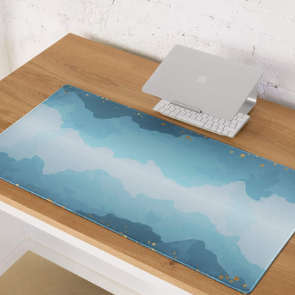 Blue watercolor mountain mousepad with gold speckles, non-slip base