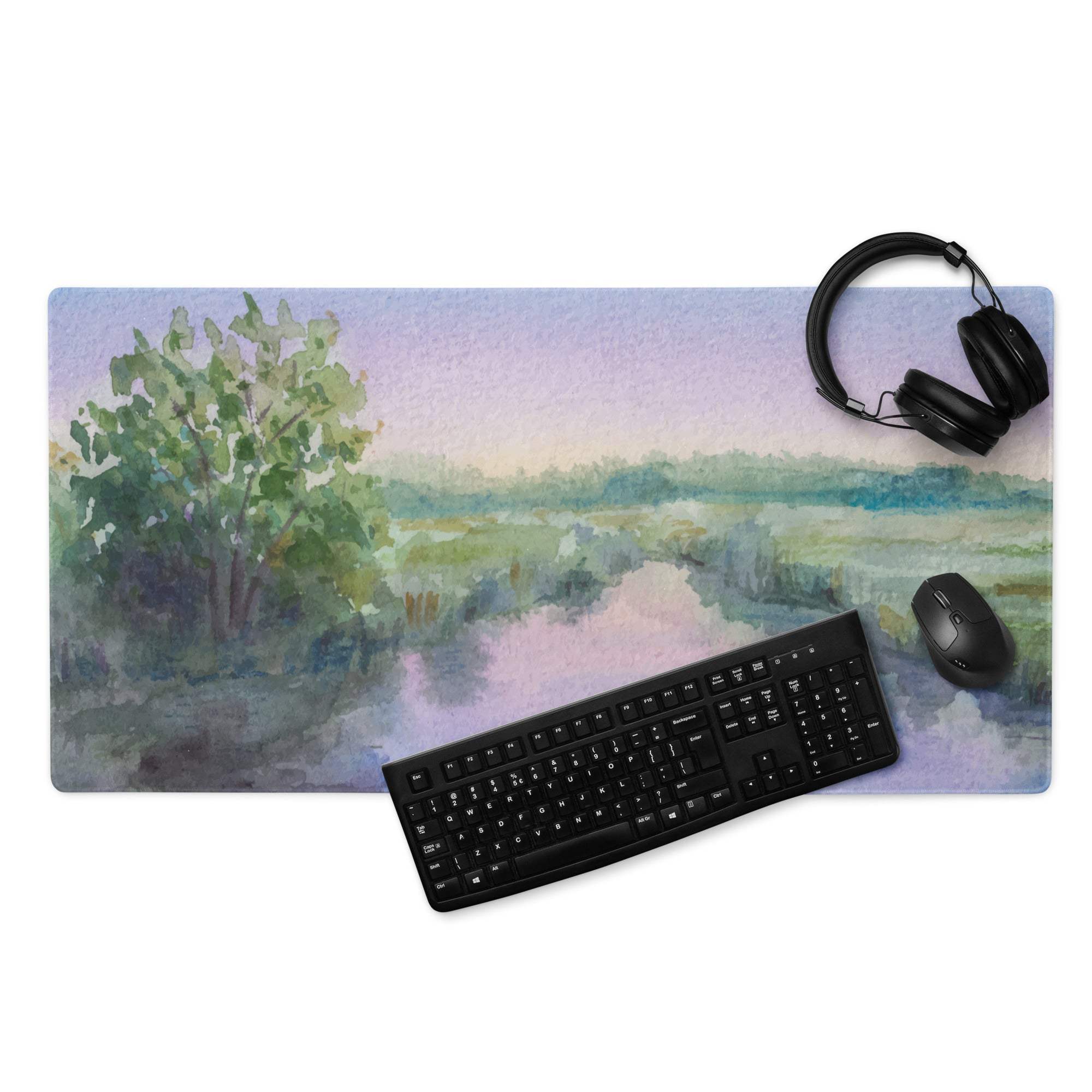 Rectangular watercolor pastel landscape mousepad with serene river scene