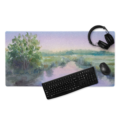 Rectangular watercolor pastel landscape mousepad with serene river scene