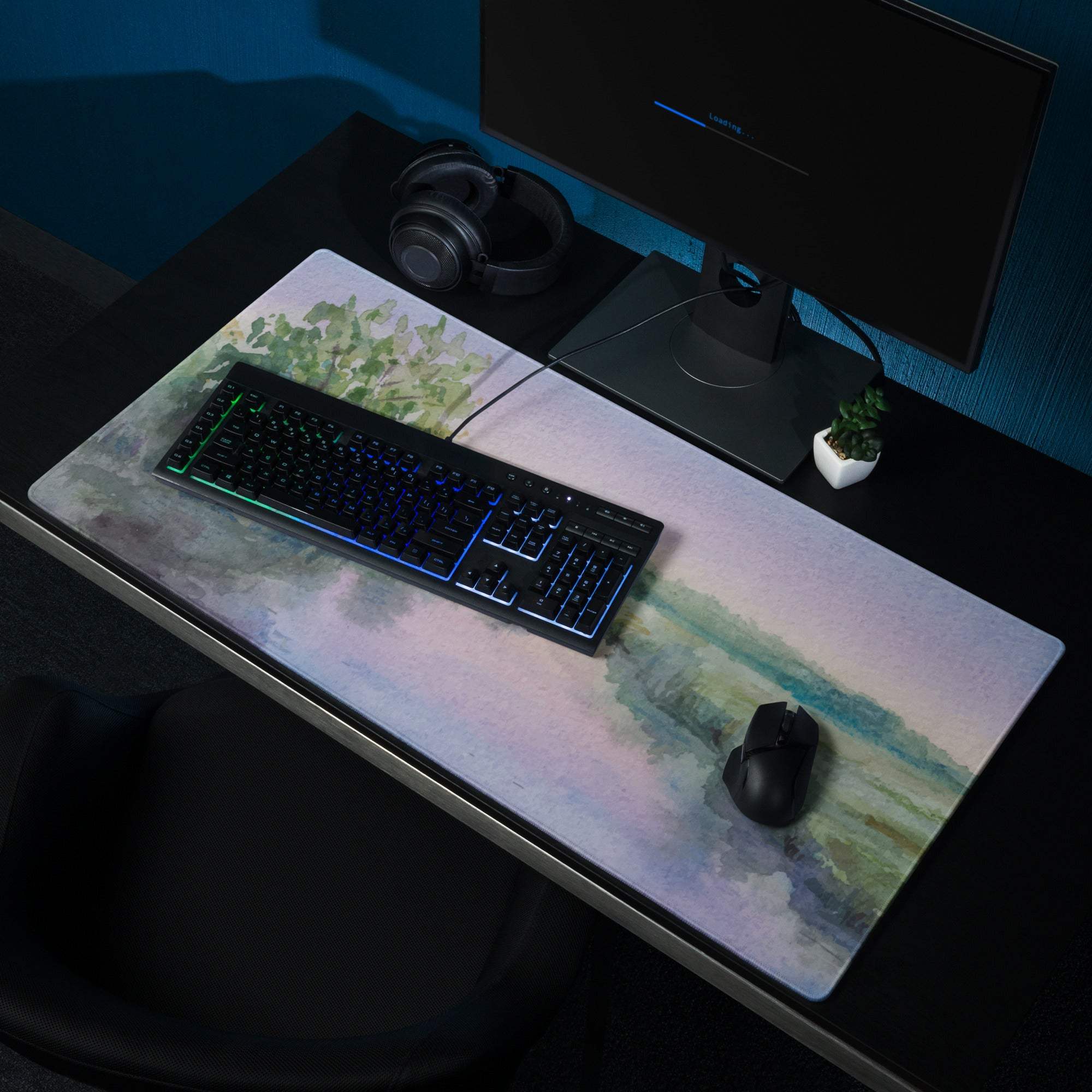 Watercolor pastel landscape large gaming mouse pad with non-slip base