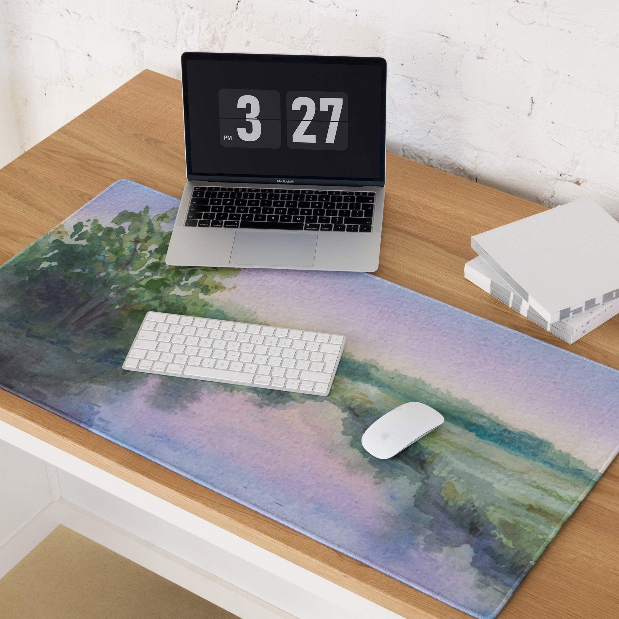 Large watercolor landscape pastel gaming mouse pad with non-slip base