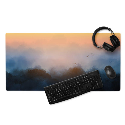 Large Sunrise Fog Landscape gaming mouse pad with watercolor misty mountains