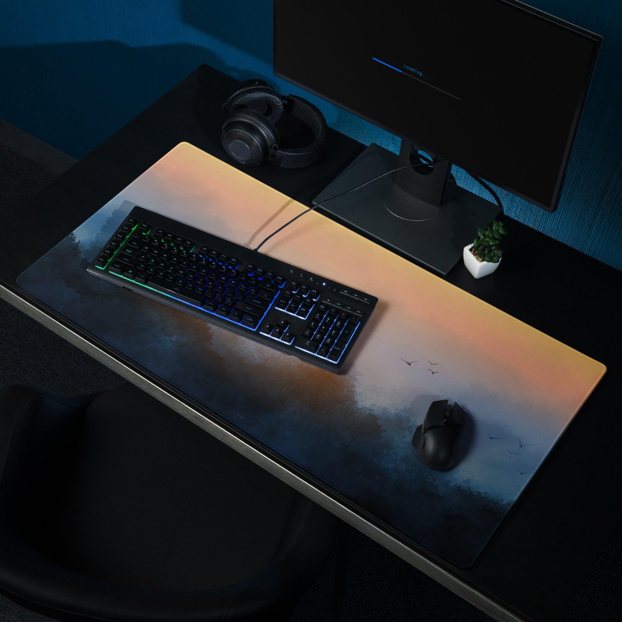 Large Sunrise Fog gaming mouse pad with orange-to-blue gradient, birds, non-slip base