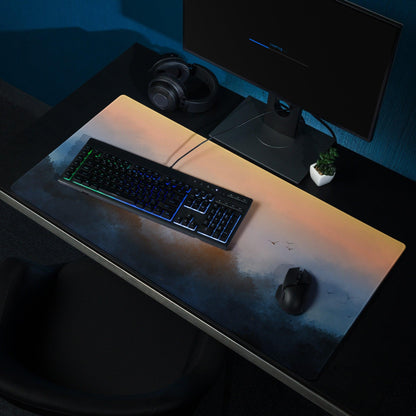 Large Sunrise Fog gaming mouse pad with orange-to-blue gradient, birds, non-slip base