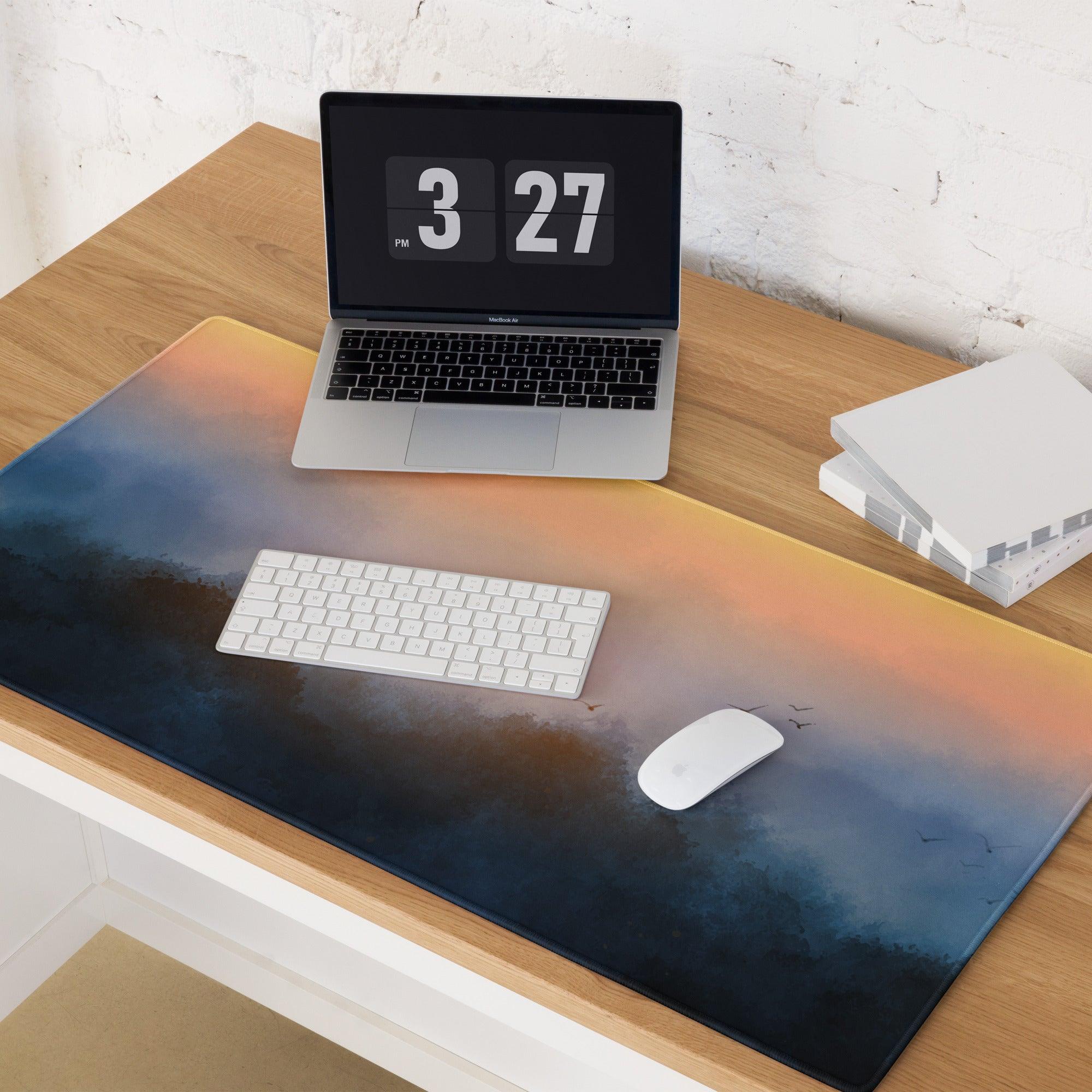 Large sunrise fog landscape gaming mouse pad with gradient sky design