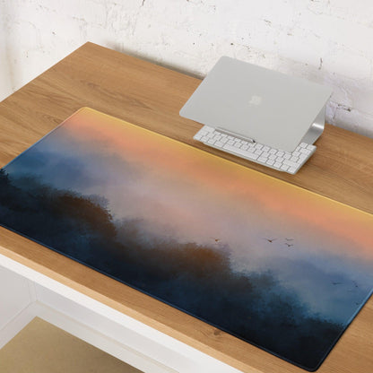 Large sunrise fog gaming mouse pad with gradient sky, birds, misty trees