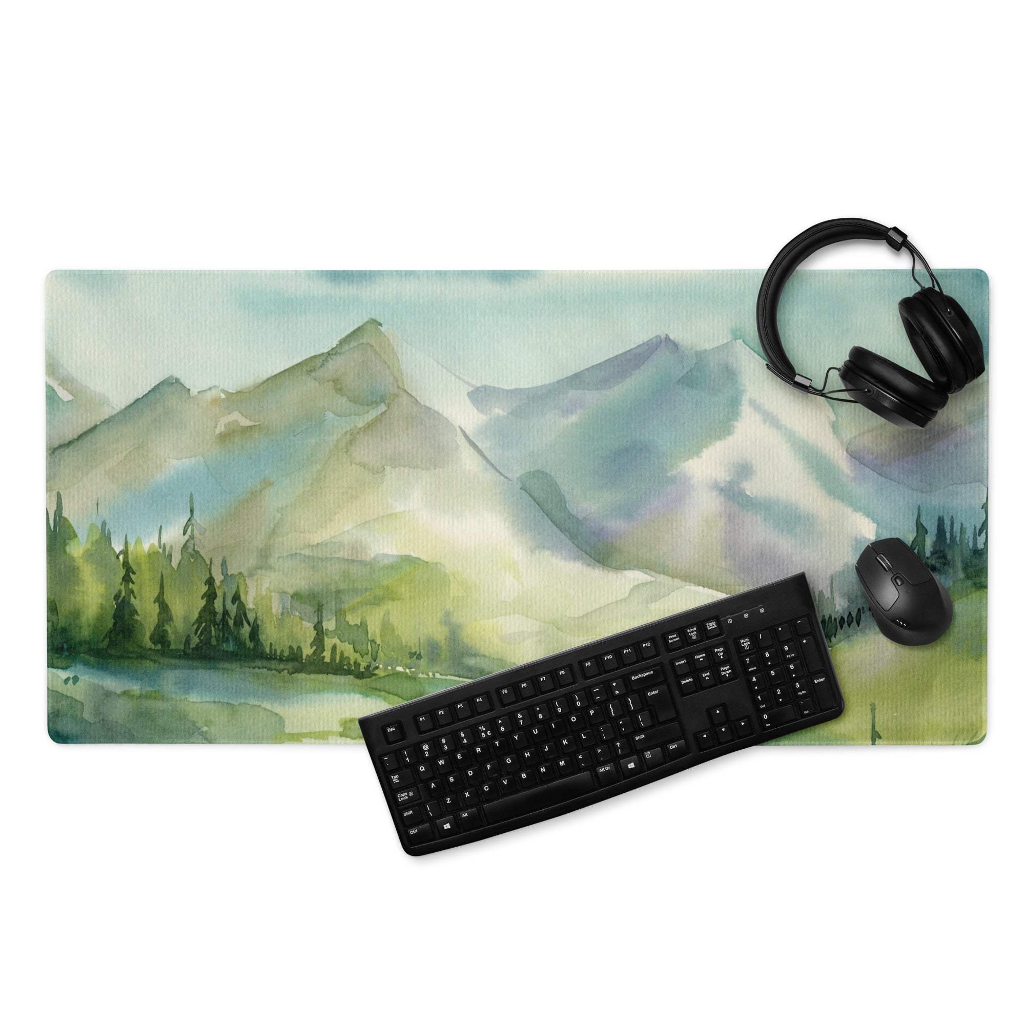 Watercolor mountain landscape large gaming mouse pad with non-slip base