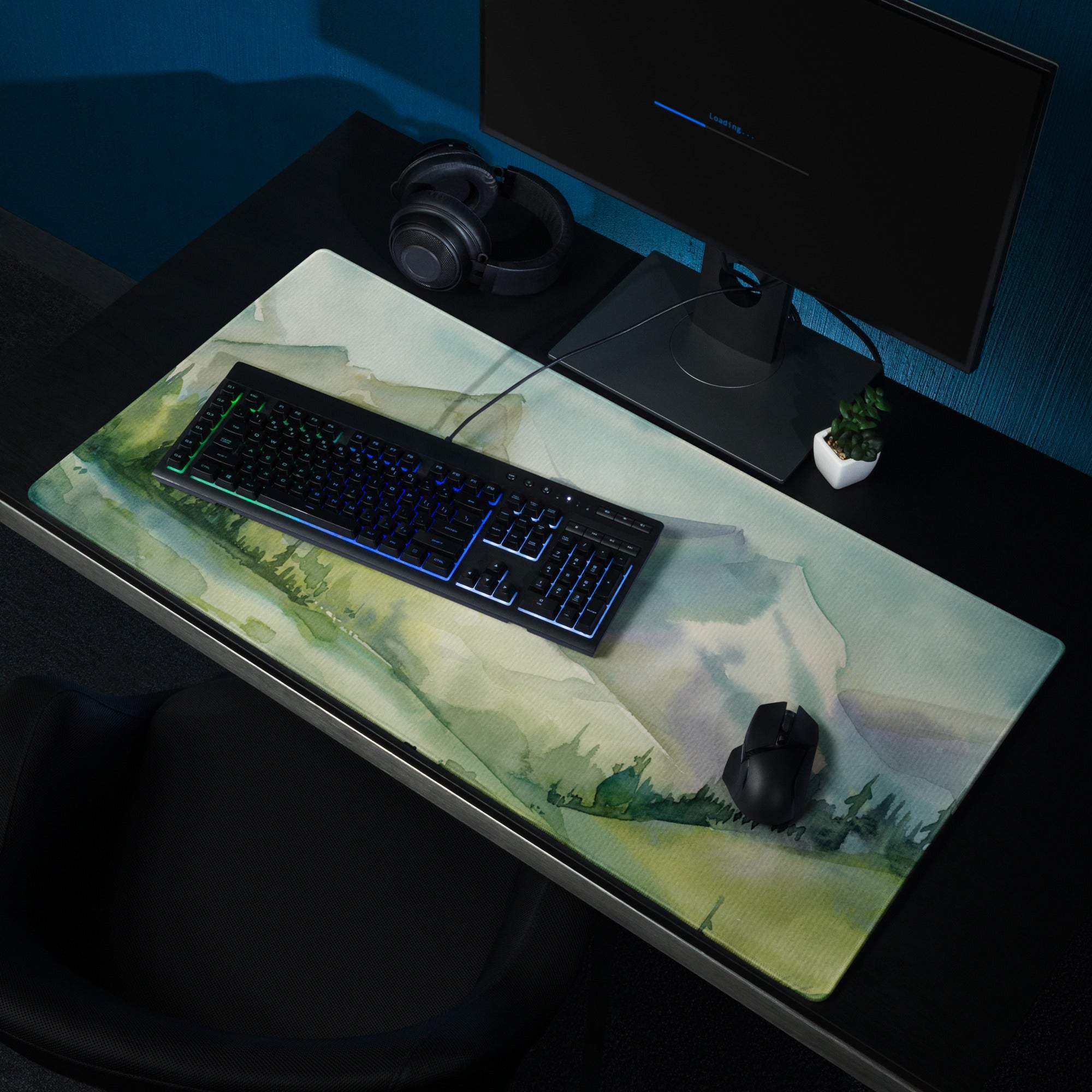 Watercolor mountain landscape large gaming mouse pad with non-slip base