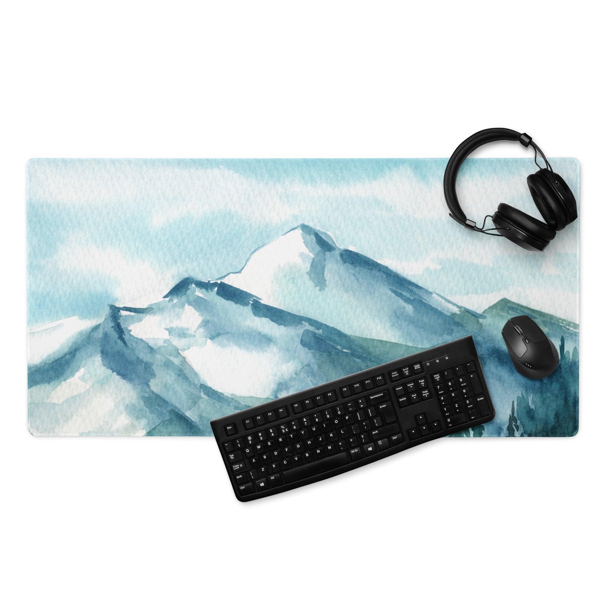 Watercolor mountain range blue gaming mouse pad with snow peaks