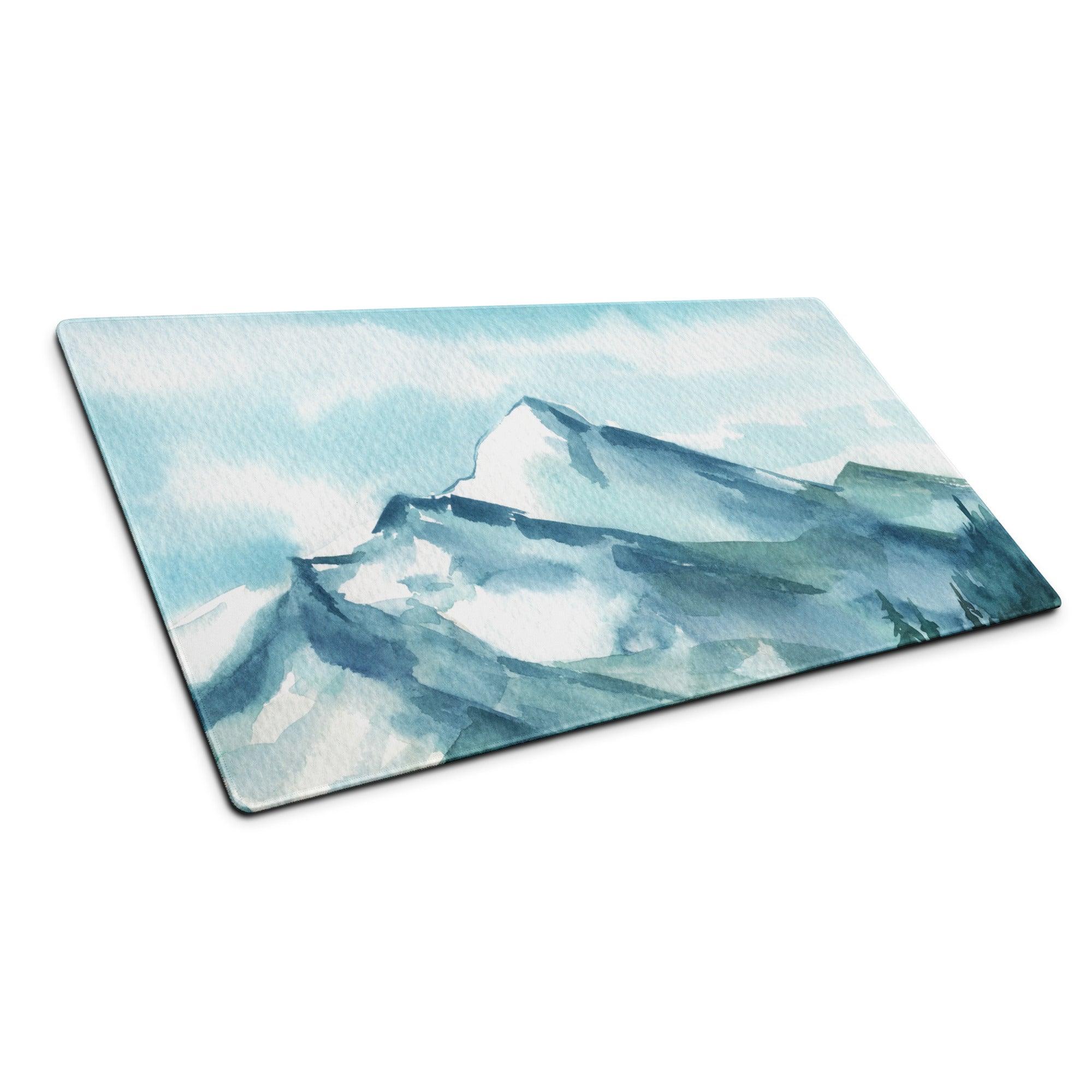 Rectangular glass cutting board with watercolor blue white mountain landscape