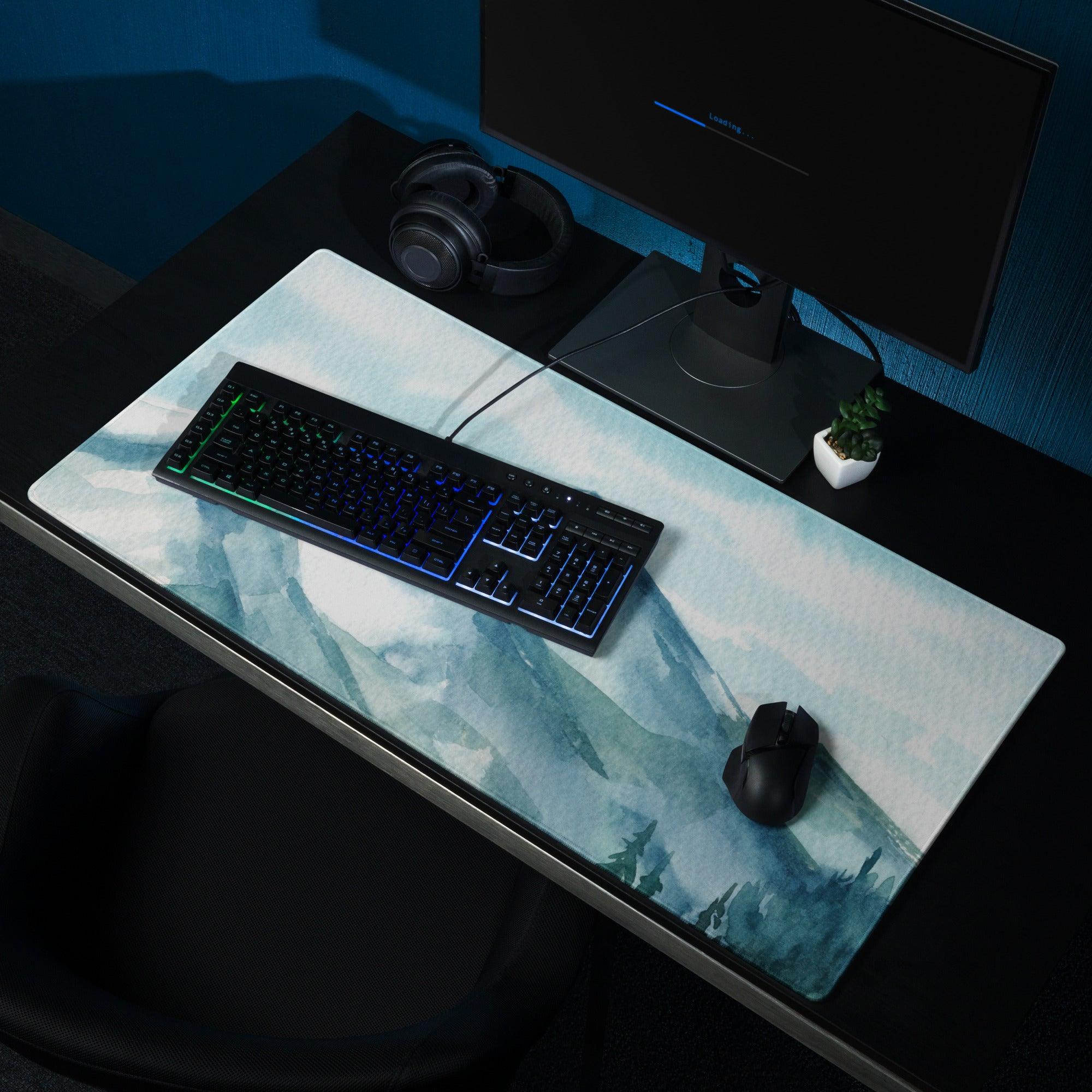 Watercolor mountain range blue gaming mouse pad with large size stitching