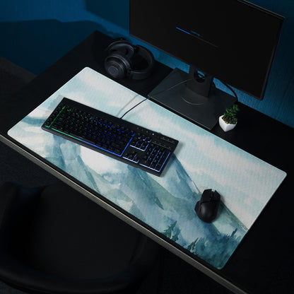 Watercolor mountain range blue gaming mouse pad with large size stitching