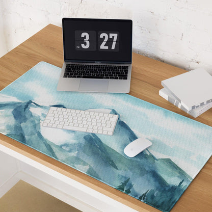 Blue watercolor mountain landscape large gaming mouse pad with stitching